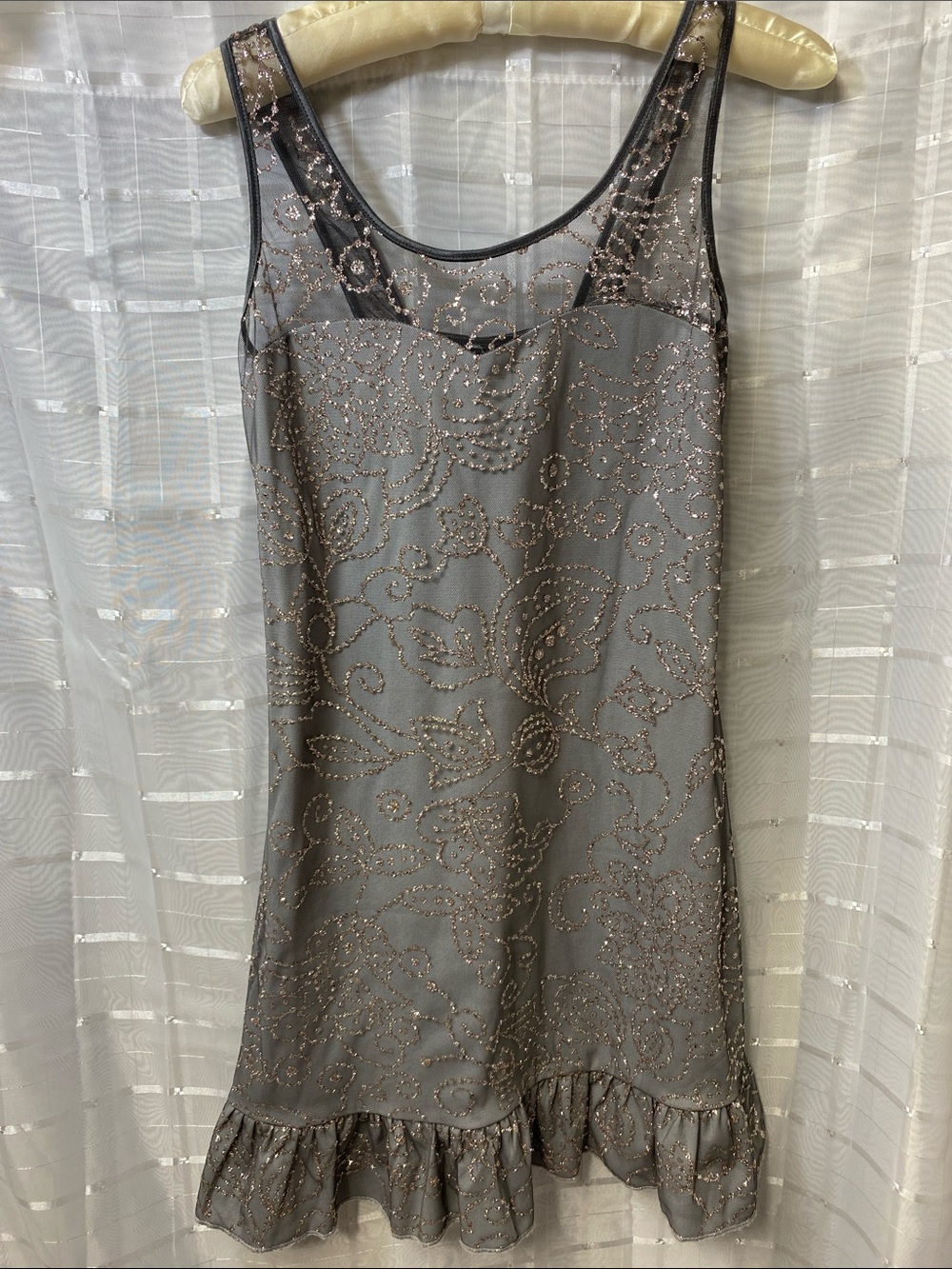 Ruby Rox Gray Sheer Beaded Mini Dress with Ruffle Hem